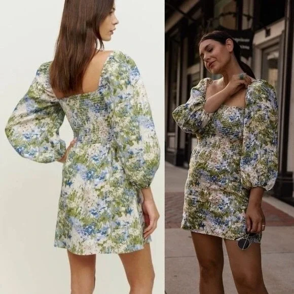 NWT‎ Reformation Greyson Linen Mini Dress Floral Hillside Mini Dress Size Small - Picture 5 of 13